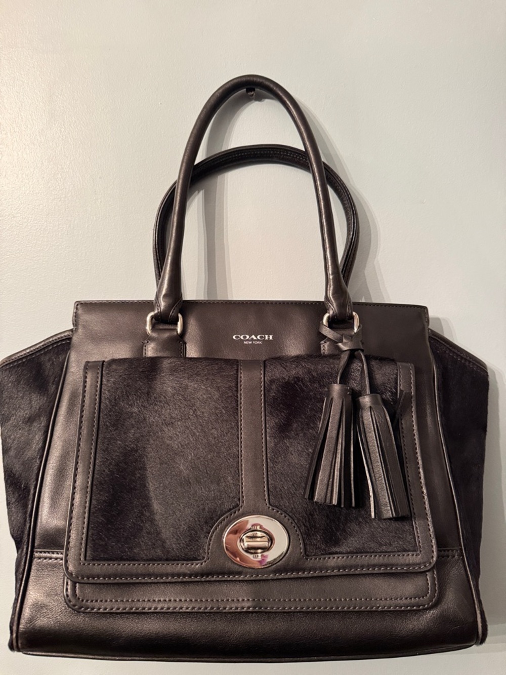 Coach Black Leather & Haircalf Satchel with Tassels